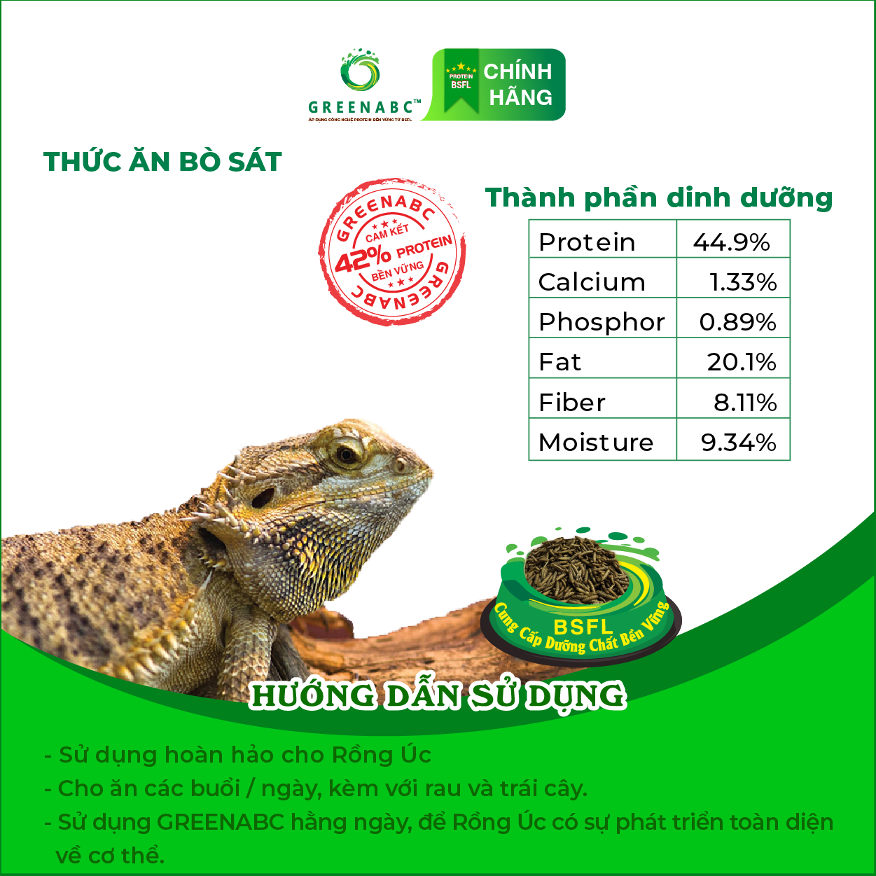 Thức ăn bò sát Rồng Úc GREENABC - Bearded Dragon – Hàm lượng protein 44.9% giúp tăng trưởng nhanh, lên màu đẹp, phát triển toàn diện – Hộp 68g