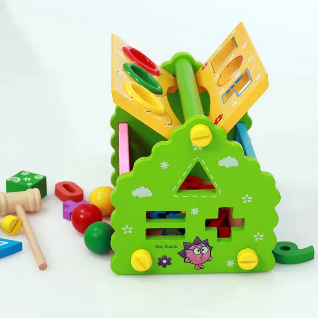 Đồ Chơi Nhà Thả Hình Gỗ 3 In 1- Đập bóng, Thả hình, Xem giờ- Đồ chơi thông minh, an toàn và phát triển kỹ năng
