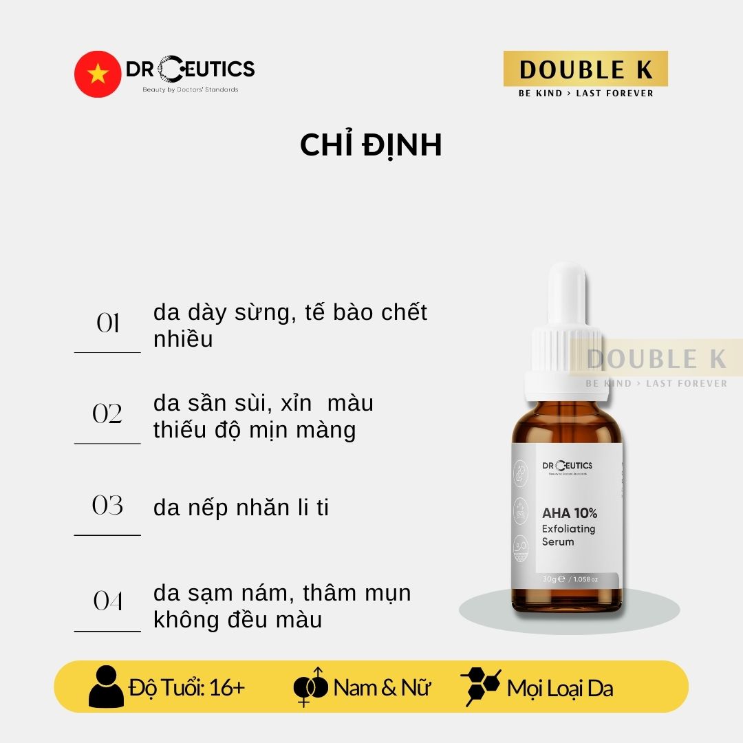 DrCeutics AHA 10% Exfoliating Serum - Làm Sạch Tế Bào Chết, Mịn Màng Da, Mờ Nếp Nhăn - Double K