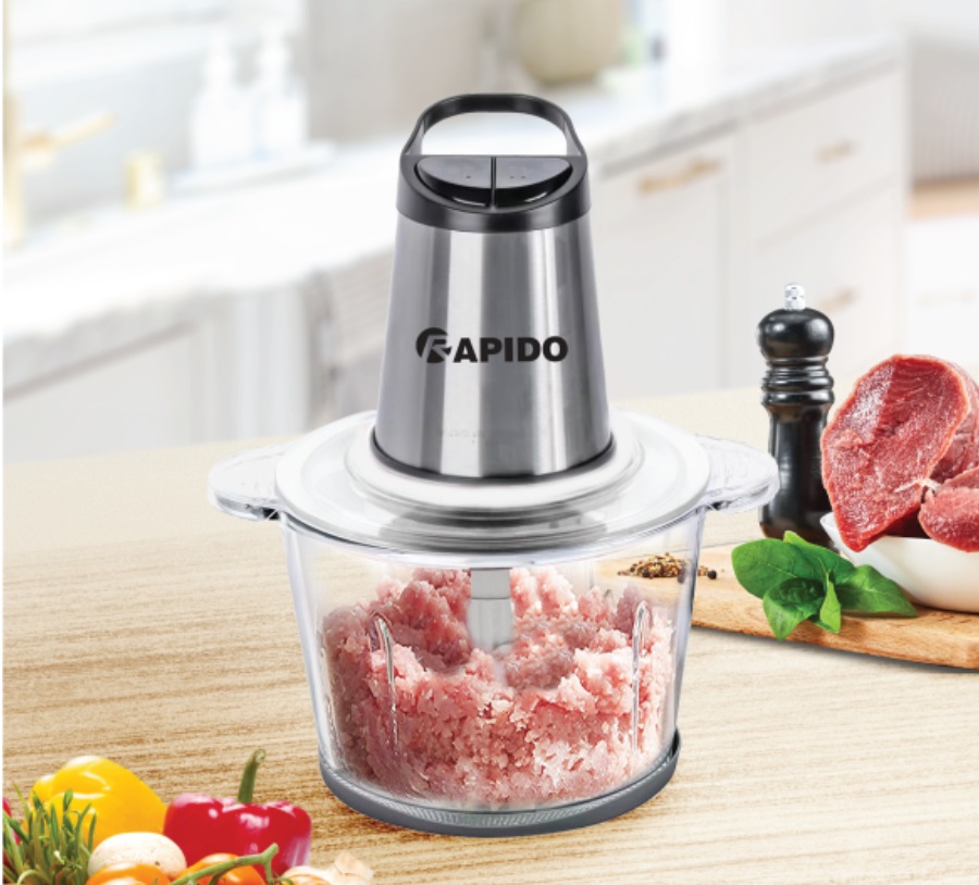 Máy xay thịt đa năng Rapido cối thủy tinh 2L công suất 300W, 4 lưỡi dao, tự động ngắt, BH 1 năm -Hàng chính hãng