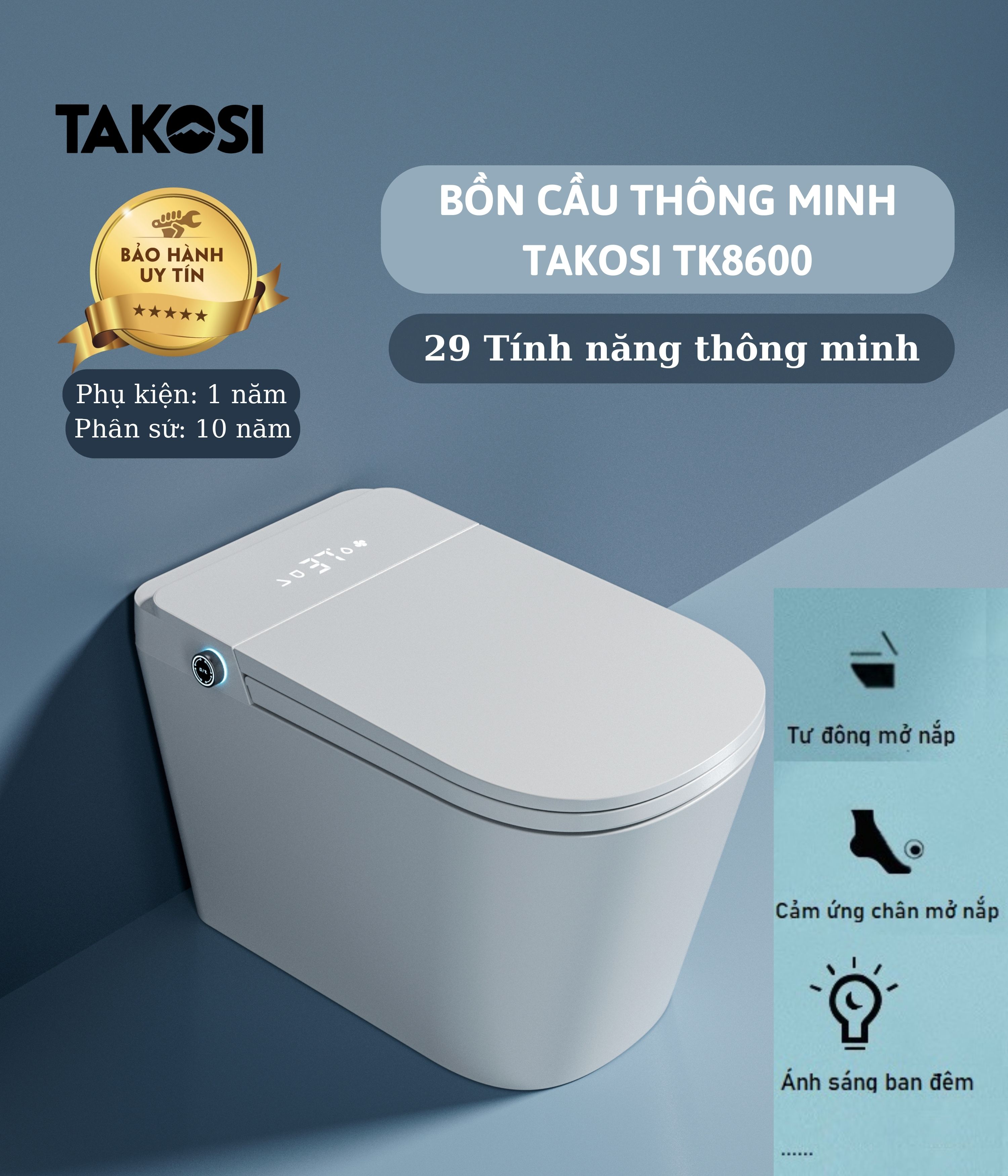 Bồn cầu thông minh xịt nước tự động đa chức năng Takosi TK8600 dùng gia đình, khách sạn- hàng chính hãng bảo hành 10 năm