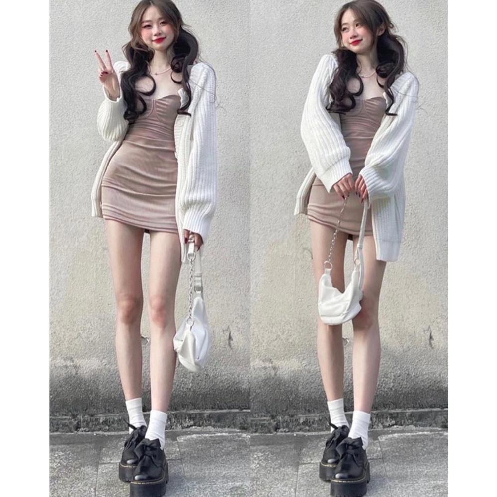 SET ĐẦM NUDE 2 DÂY CÚP NGỰC + KHOÁC CARDIGAN