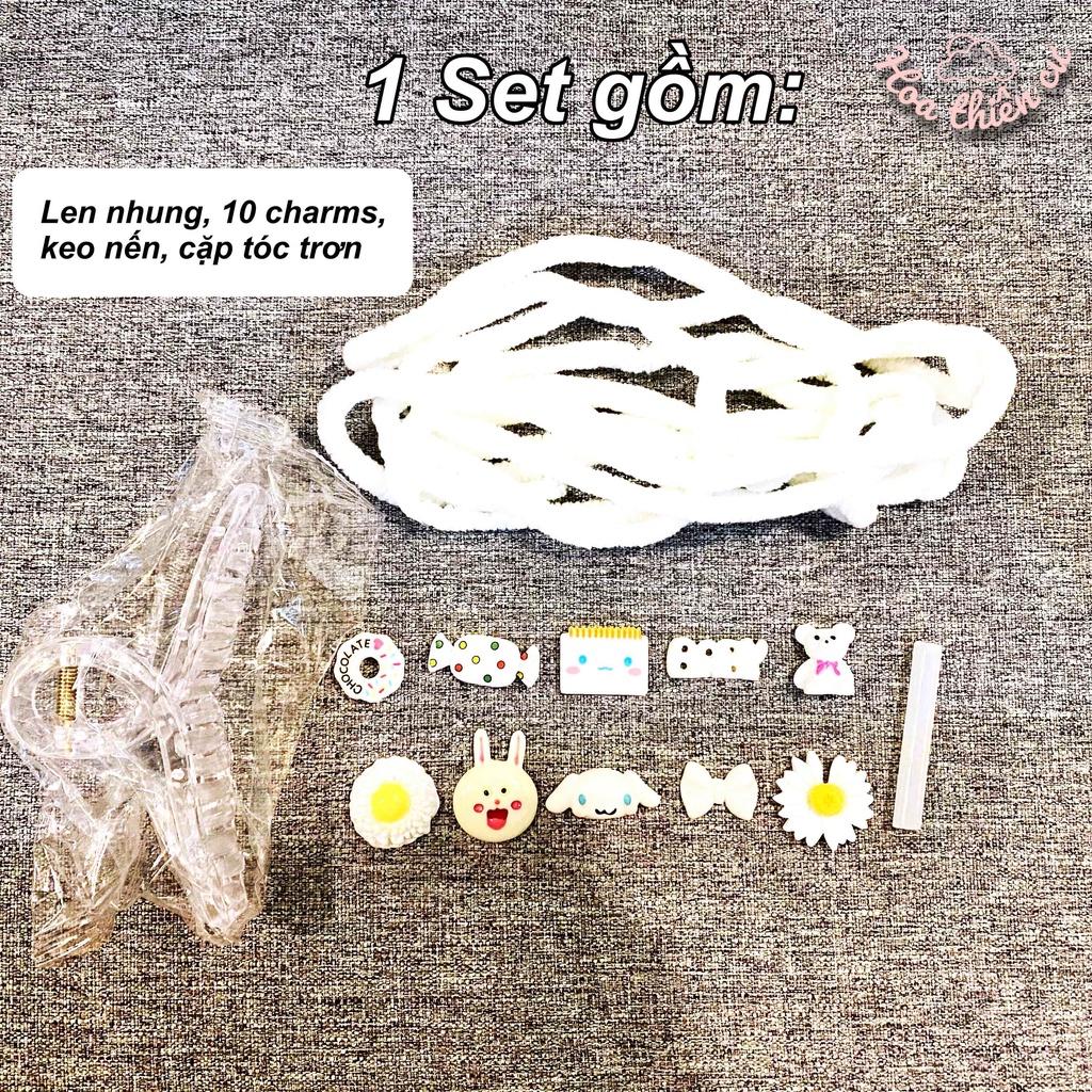 Gói nguyên vật liệu gồm 10 charm/sticker (đã có kẹp tóc) tự làm cặp tóc, kẹp tóc bằng len nhung đơn giản DIY handmade