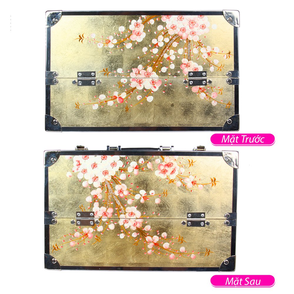 Cốp sơn mài cao cấp Hana đựng mỹ phẩm, đồ phun xăm, nail, nối mi sơn mài dát vàng cẩn vỏ trứng, họa tiết vẽ tay cao cấp, viền khung nhôm chắc chắn, bọc góc inox size 40x20x26 cm