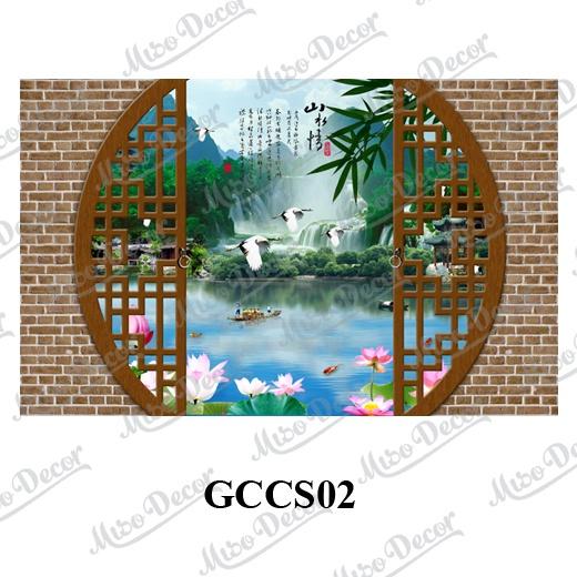 (tranh treo tường) tranh dán tường 3D cửa sổ giả cổ in decal PP