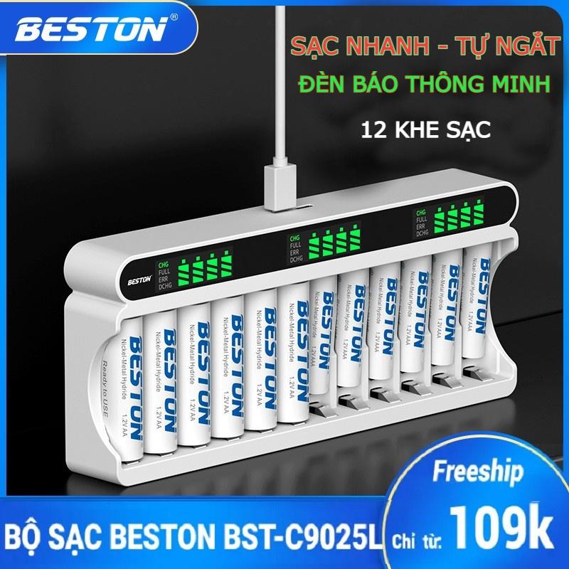 Bộ Sạc 12 cổng (khe) AA AAA Beston C9025L, mẫu mới 2022 Sạc nhanh, tự ngắt khi đầy, đèn báo thông minh