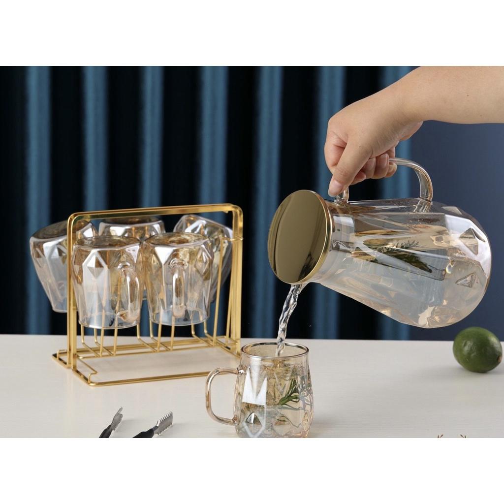 Bộ bình đựng nước uống kèm 6 cốc thủy tinh chịu nhiệt cao cấp lên tới 400 độ c và khay úp cốc