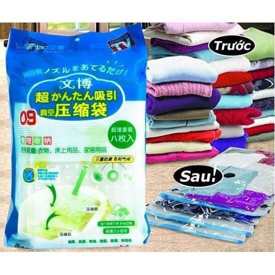 Sét 8 túi hút chân không quần áo , chăn , ga , gối tặng kèm theo bơm