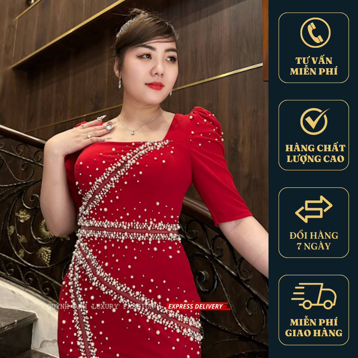 Đầm Dạ Hội Đỏ Ngọc Trai Pha Lê Sang Trọng Cao Cấp Gloria Dress