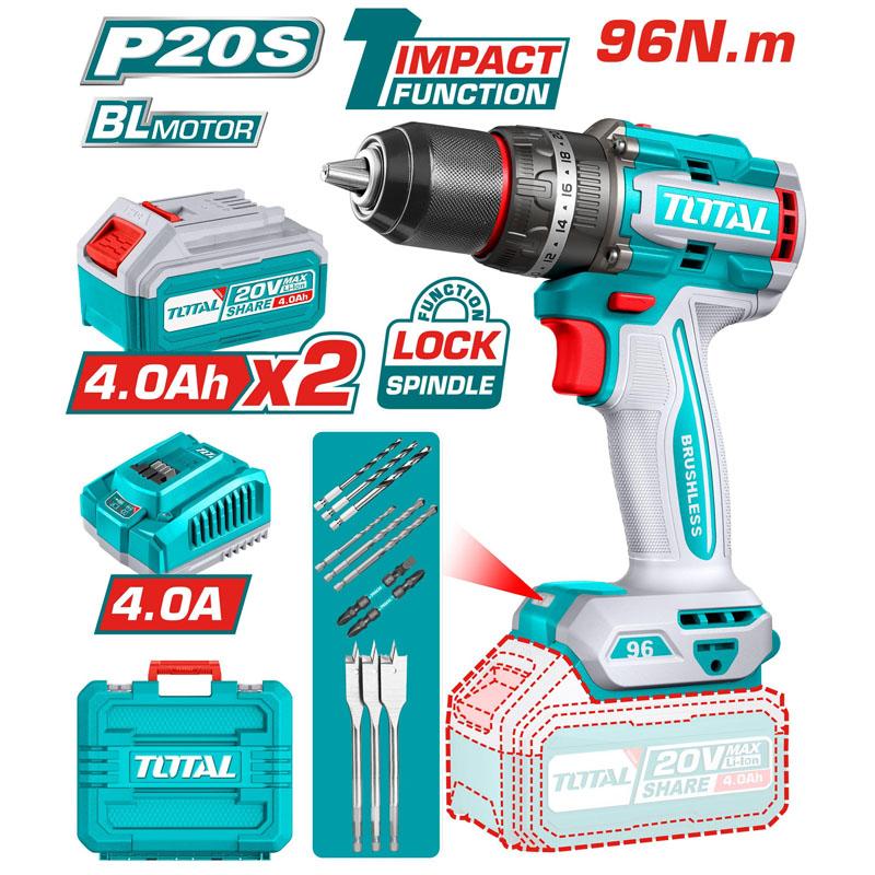 MÁY KHOAN BÚA KHÔNG CHỔI THAN DÙNG PIN 20V 96NM TOTAL TIDLI20968 - HÀNG CHÍNH HÃNG