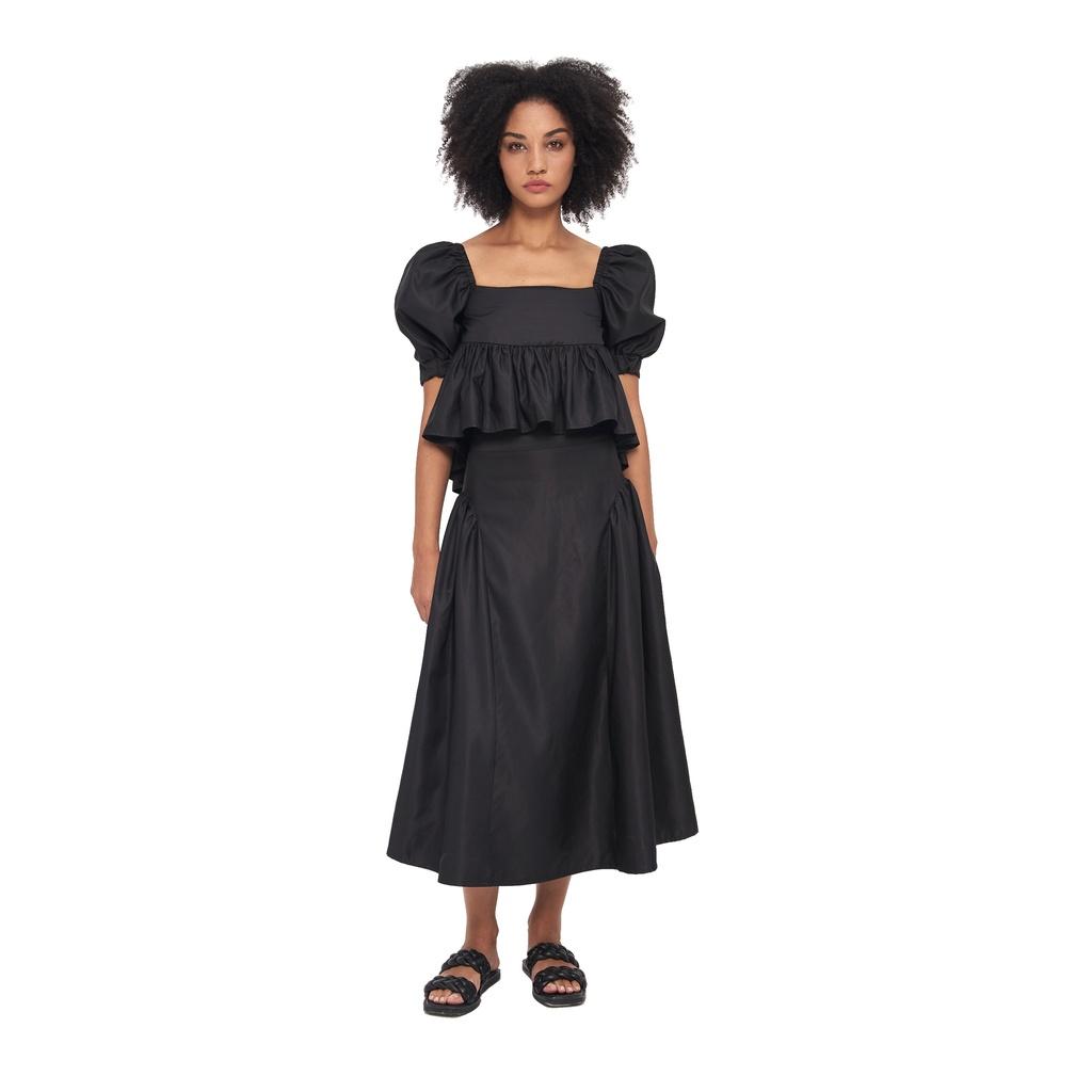 Chân váy nữ, màu đen, form dài nhún nhẹ 2 bên hông, chất vải nylon dày dặn, là min - NYLON RUFFLE MIDI SKIRT - BLACK