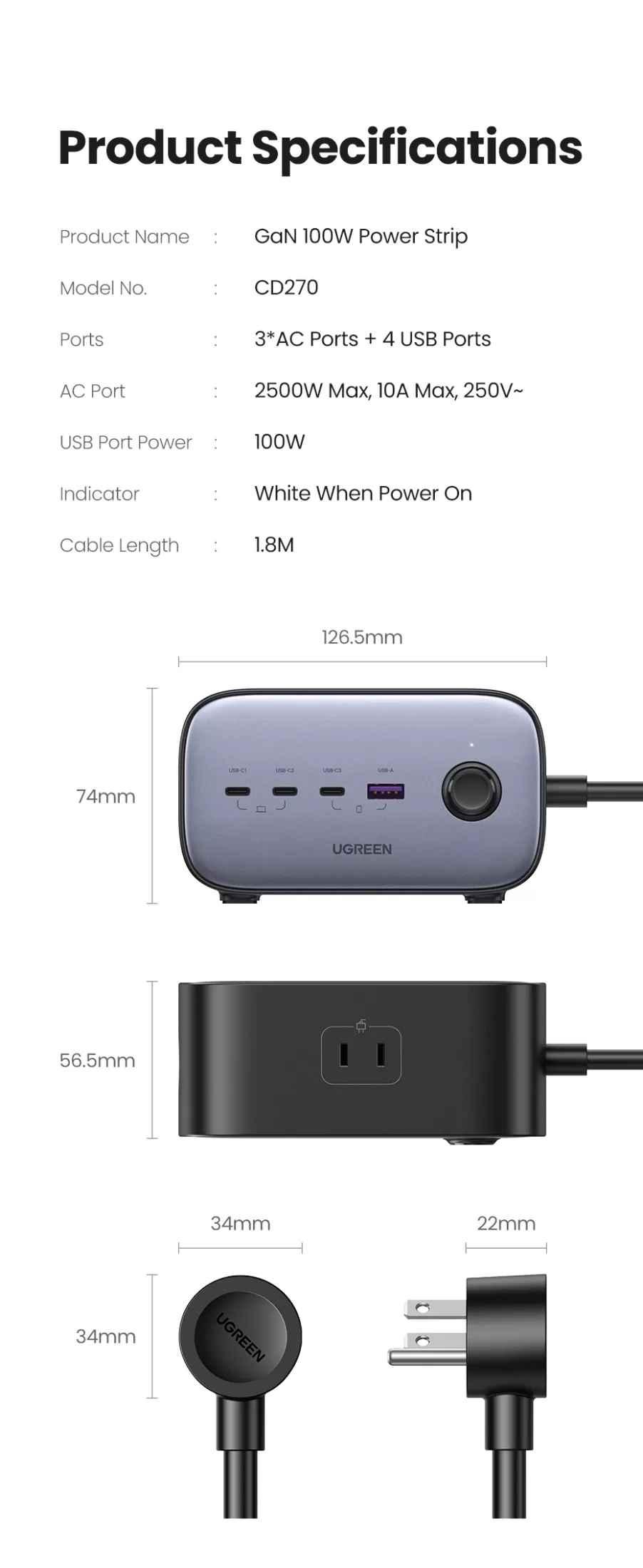 Ugreen UG60167CD270TK 100W 1.8M Bộ sạc nhanh DigiNest Pro gồm 3 cổng USB-C + USB-A cáp nguồn dài 1.8M chuẩn cắm EU - HÀNG CHÍNH HÃNG