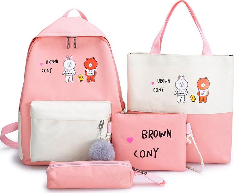 Set 4 Món Balo, Túi, Ví Thời Trang Thiết Kế Tiện Dụng Browm Cony Hai Chú Gấu Xinh Xinh 30*14*40 cm Full 4 Màu