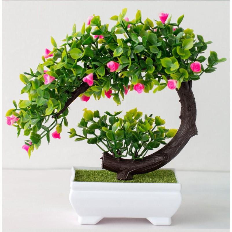 CÂY GIẢ BONSAI HOA HỒNG RỰC RỠ kèm chậu- Chậu cây Phú Quý Cát Tường, trang trí, để bàn - Hoa giả