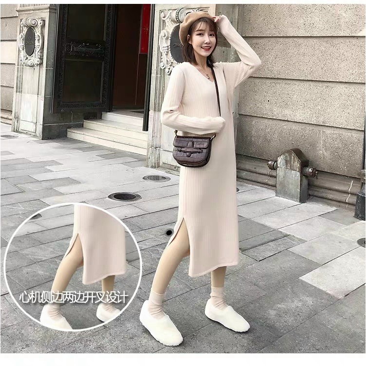 Váy suông nữ, đầm suông dài tay cổ tim xẻ tà chất len gân 2 màu