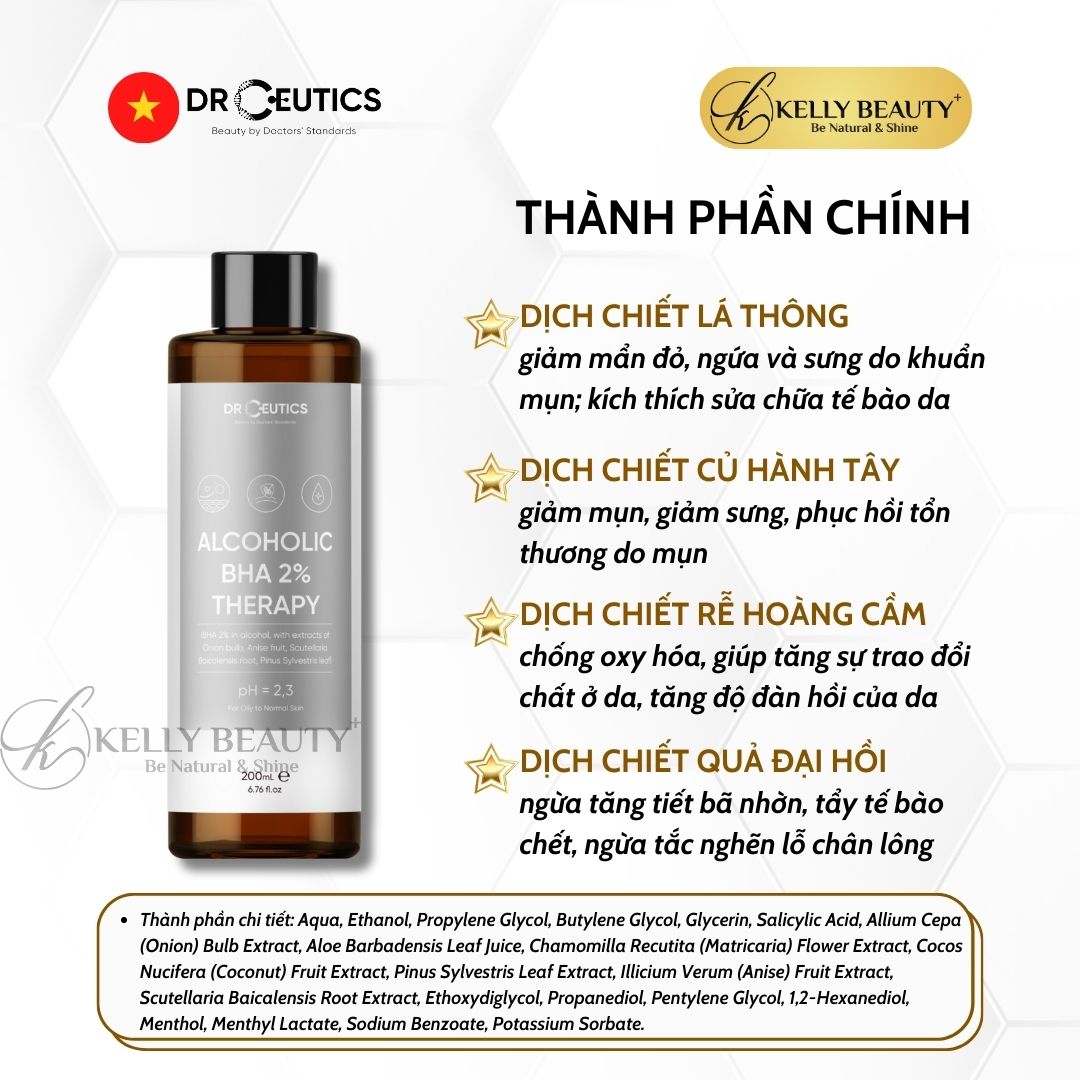 DrCeutics ALCOHOLIC BHA 2% Therapy NỀN CỒN- Giảm Mụn, Loại Bỏ Da Chết, Dầu Thừa; Se Lỗ Chân Lông | Kelly Beauty