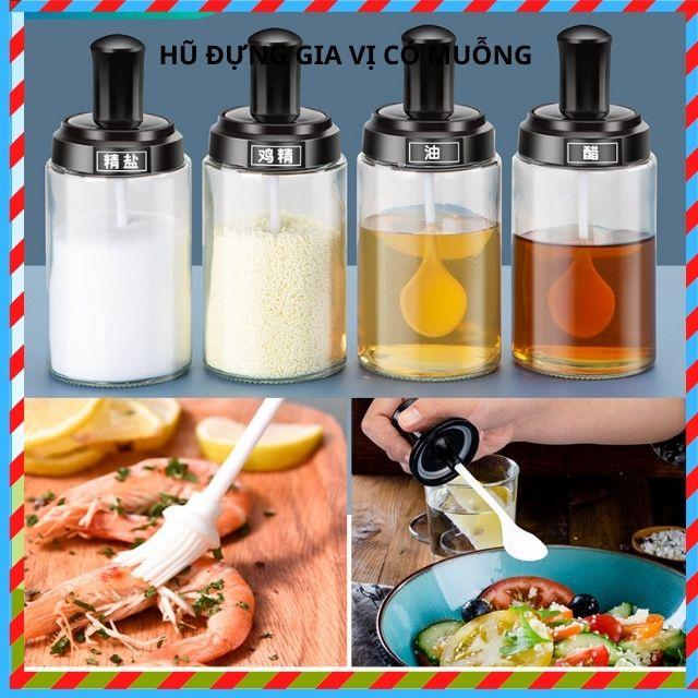 Combo 5 Lọ Đựng Gia Vị, Hũ Đựng Gia Vị Kèm Muỗng Thìa Bằng Thủy Tinh CAO CẤP Dung Tích 250m