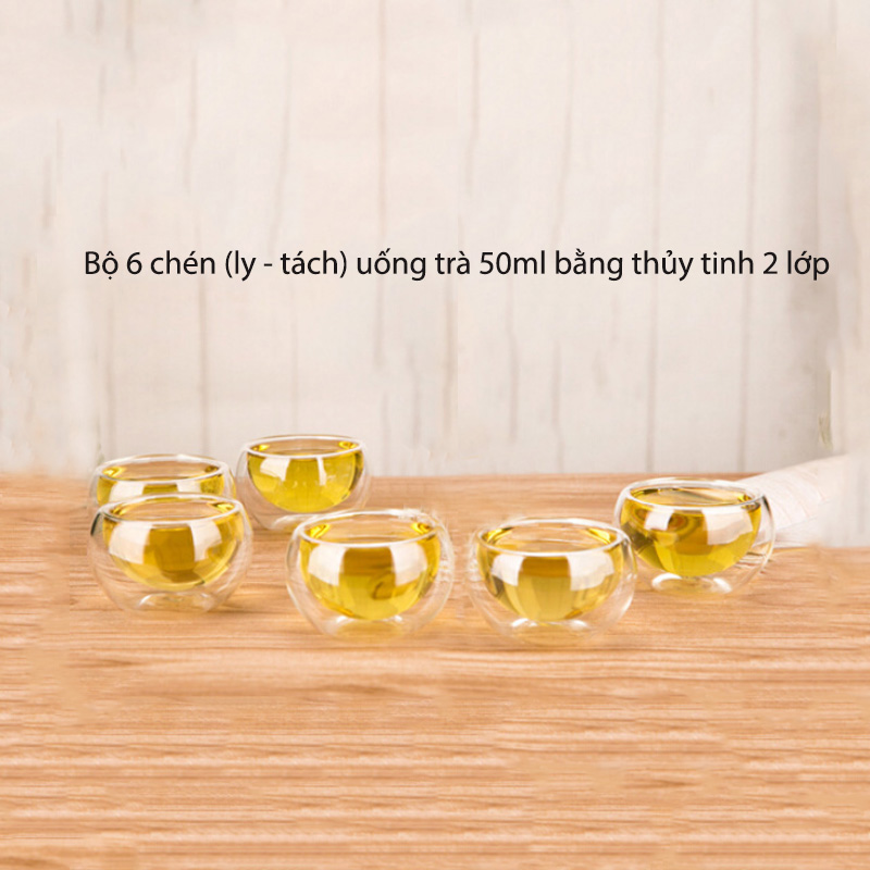 Bộ 6 chén loại nhỏ 50ml bằng thủy tinh 2 lớp dùng uống trà, café, chống nóng giữ nhiệt