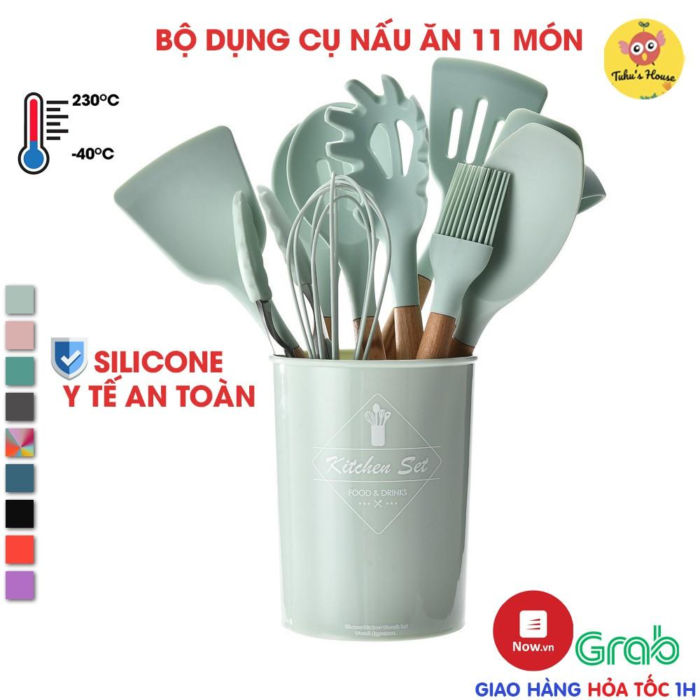 Bộ dụng cụ nhà bếp, nấu ăn làm bánh 11 món bằng silicone chịu nhiệt cao kèm ống đựng