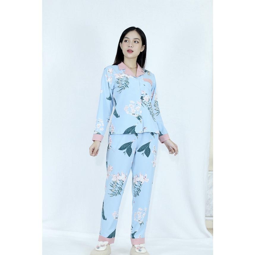 Bộ đồ Pijama nữ dài họa tiết NỀN XANH HOA LÁ Cực Kì Sang Chả