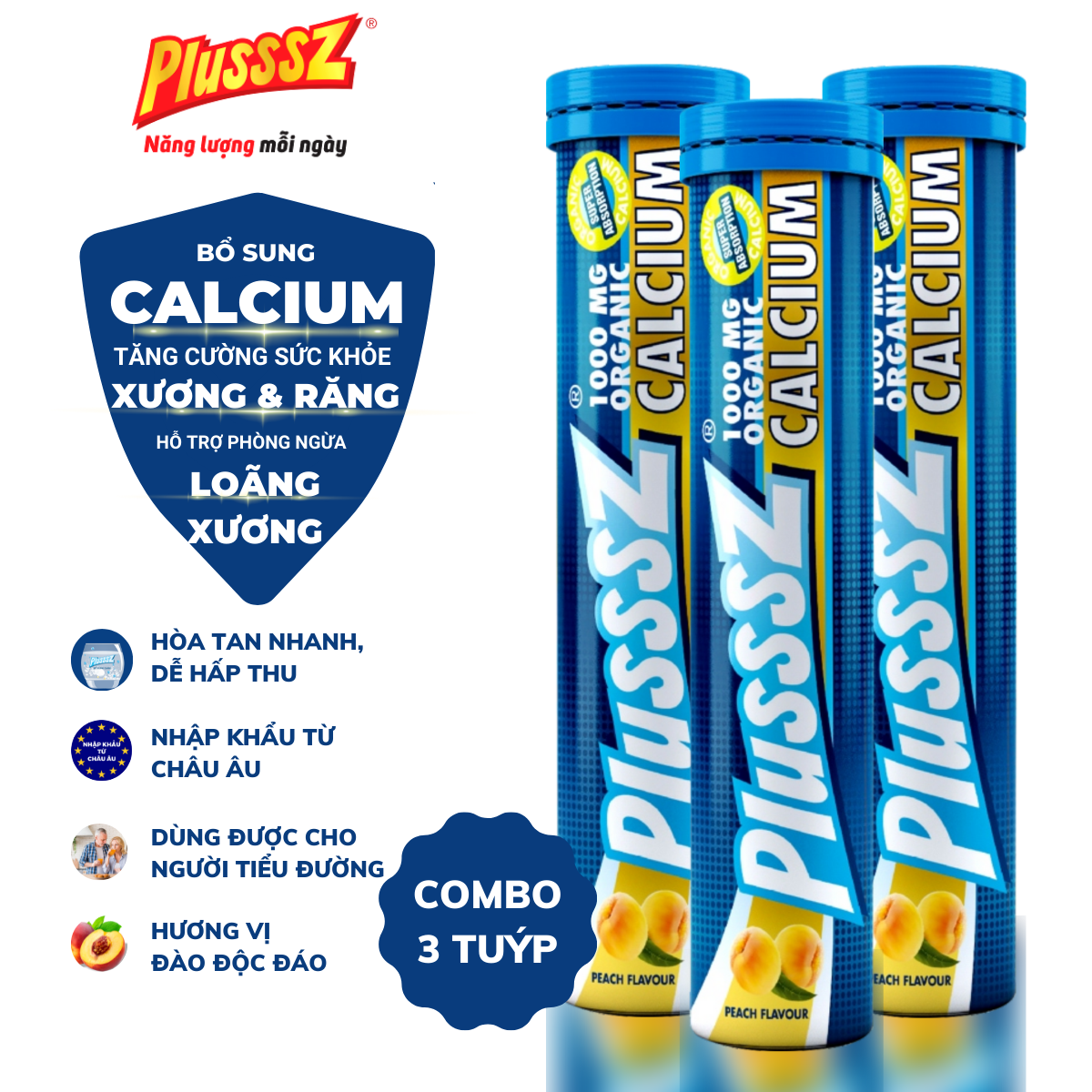 {COMBO 3 TUÝP} Viên sủi Plusssz Calcium vị Đào và chanh dây không Đường bổ sung canxi dạng hòa tan, dễ hấp thu hỗ trợ sức khỏe xương và răng, hỗ trợ ngăn ngừa loãng xương (Tuýp 20 viên sủi)