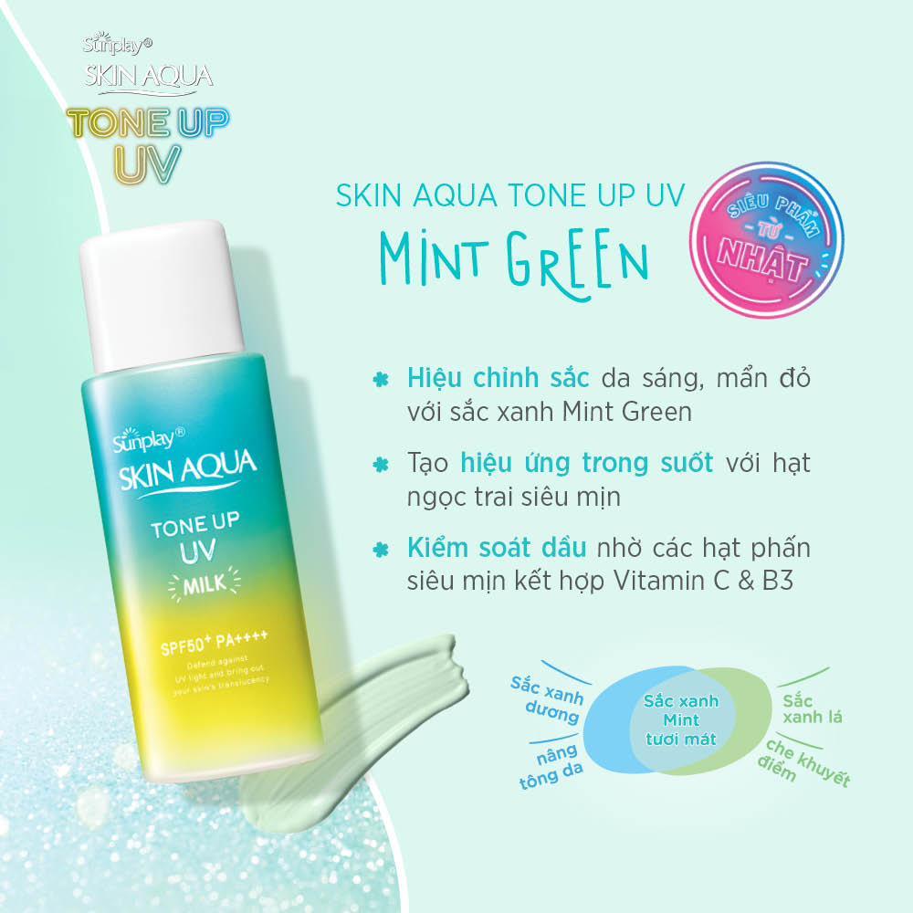 Kem chống nắng nâng tông Skin Aqua Tone up Mint Green cho da trắng có khuyết điểm đỏ, dạng sữa Sunplay Skin Aqua Tone Up UV Milk Mint Green SPF 50+ PA++++ 50g