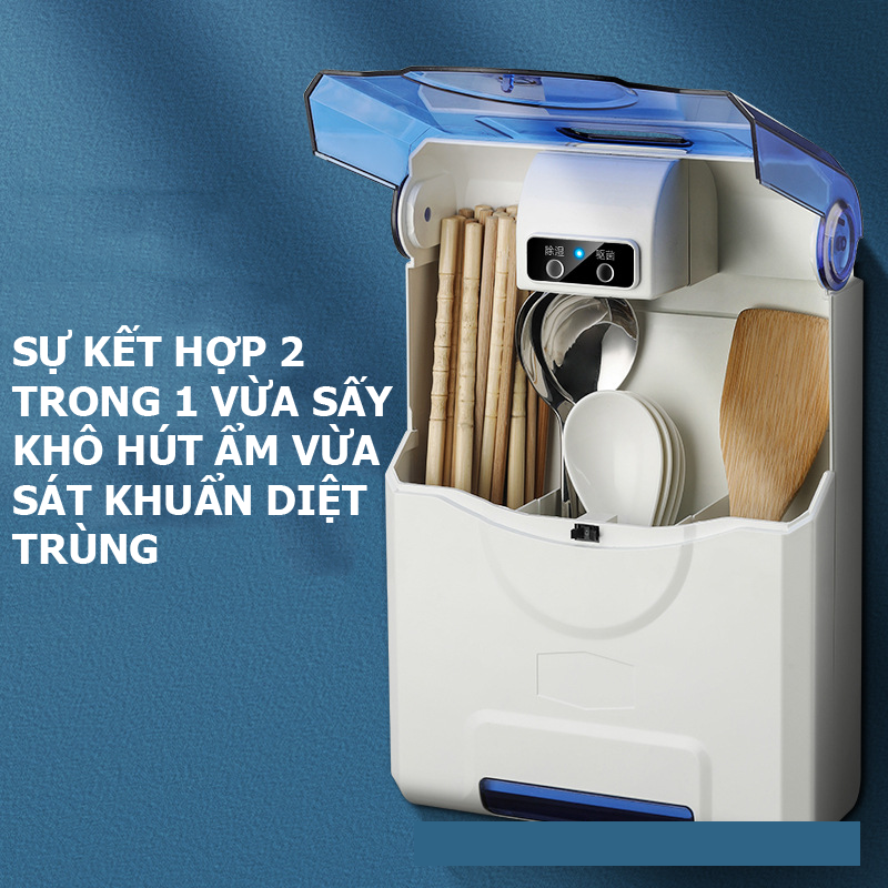 Hộp đựng đũa muỗng treo tường sấy khô hút ẩm và khử trùng bằng tia cực tím tiện dụng cho nhà bếp GD00018