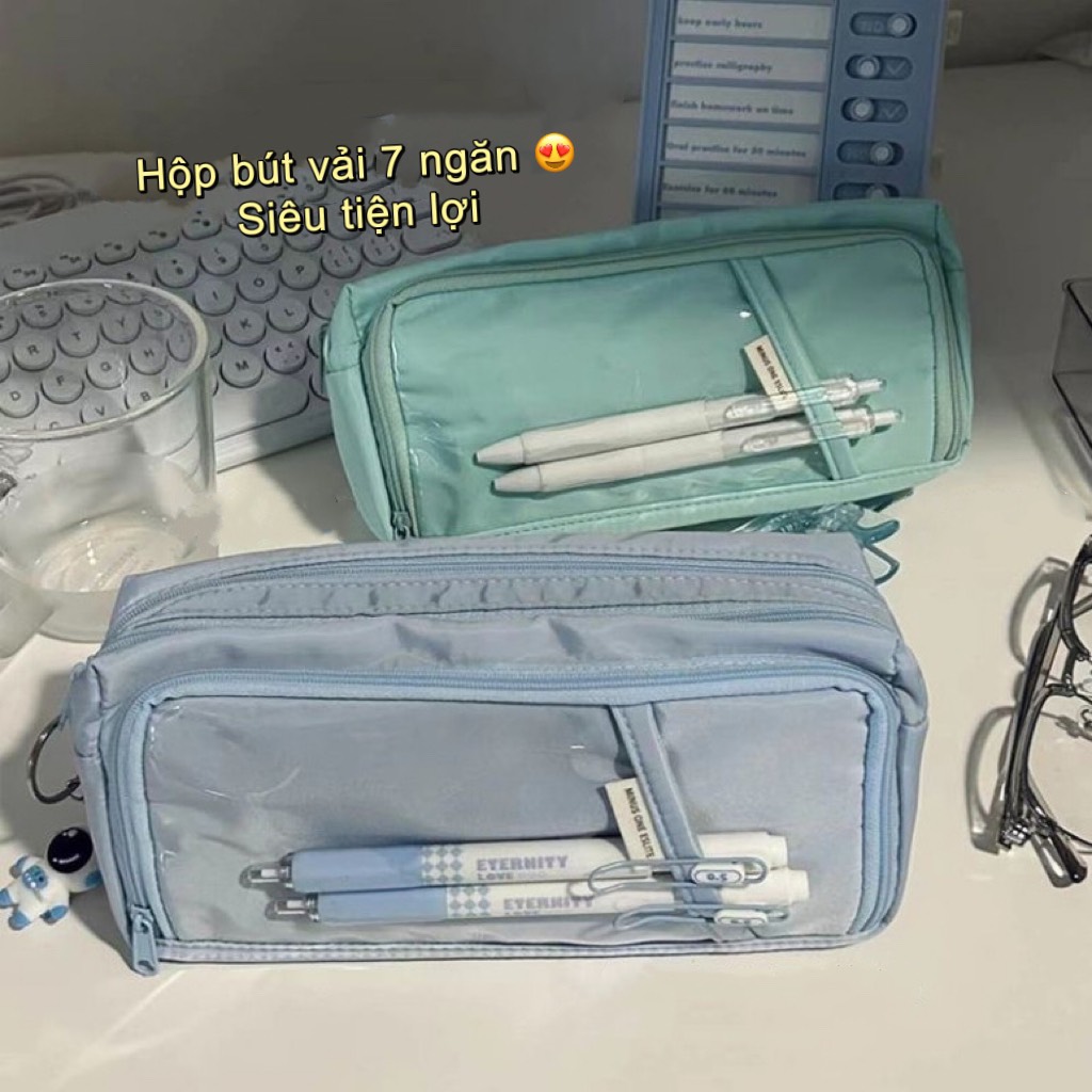 Túi bút vải 3 ngăn lớn học sinh nữ cỡ lớn bóp viết trong suốt đẹp rẻ vừa máy tính đồ dùng học tập xinh chống nước
