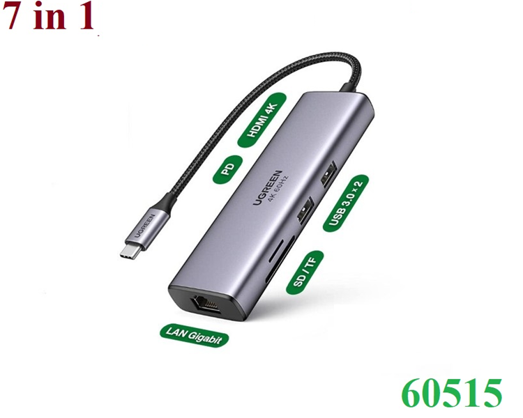 Bộ mở rộng 7 in 1 USB Type-C ra HDMI 4K@60hz/USB/LAN Gigabit/PD100W/SD/TF Ugreen 60515 hàng chính hãng