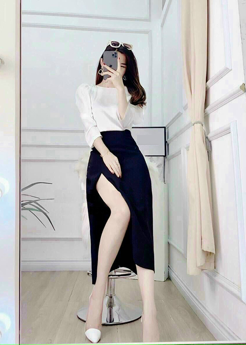 Set Áo Và Chân Váy Xòe Xẻ Tà Thời Trang