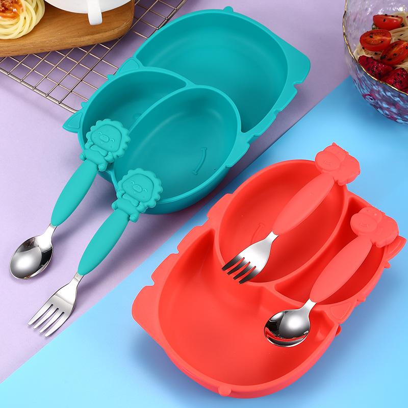 Bé Ốp Dẻo Silicon Bộ Hoạt Hình Chống Trượt Nhà Hút Loại Riêng Biệt Lưới Thức Ăn Cho Bé Ăn Dặm Muỗng Nĩa Bát Trẻ Em Bộ Đồ Ăn Món Ăn