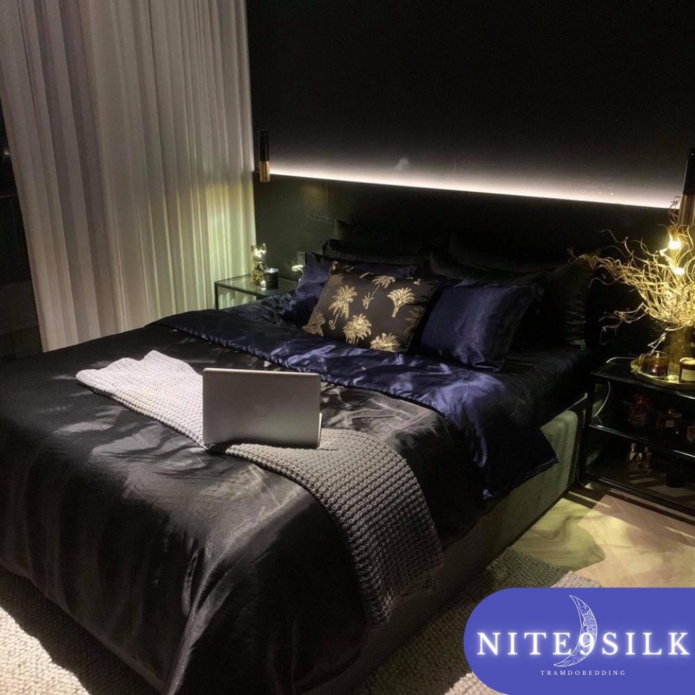 Bộ Chăn Ga Gối Lụa Màu Xanh Đen - Chăn Ga Giường Êm Ái - Nite9 Silk