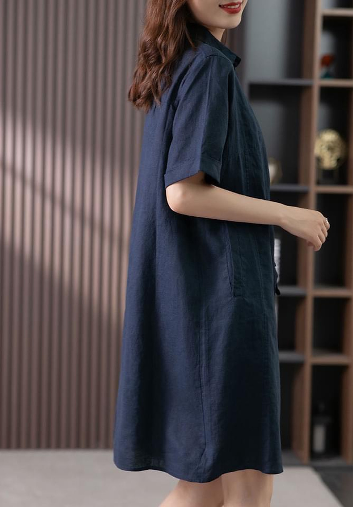 Đầm suông công sở Linen bột Premium cổ đức túi bổ cơi - Xanh than