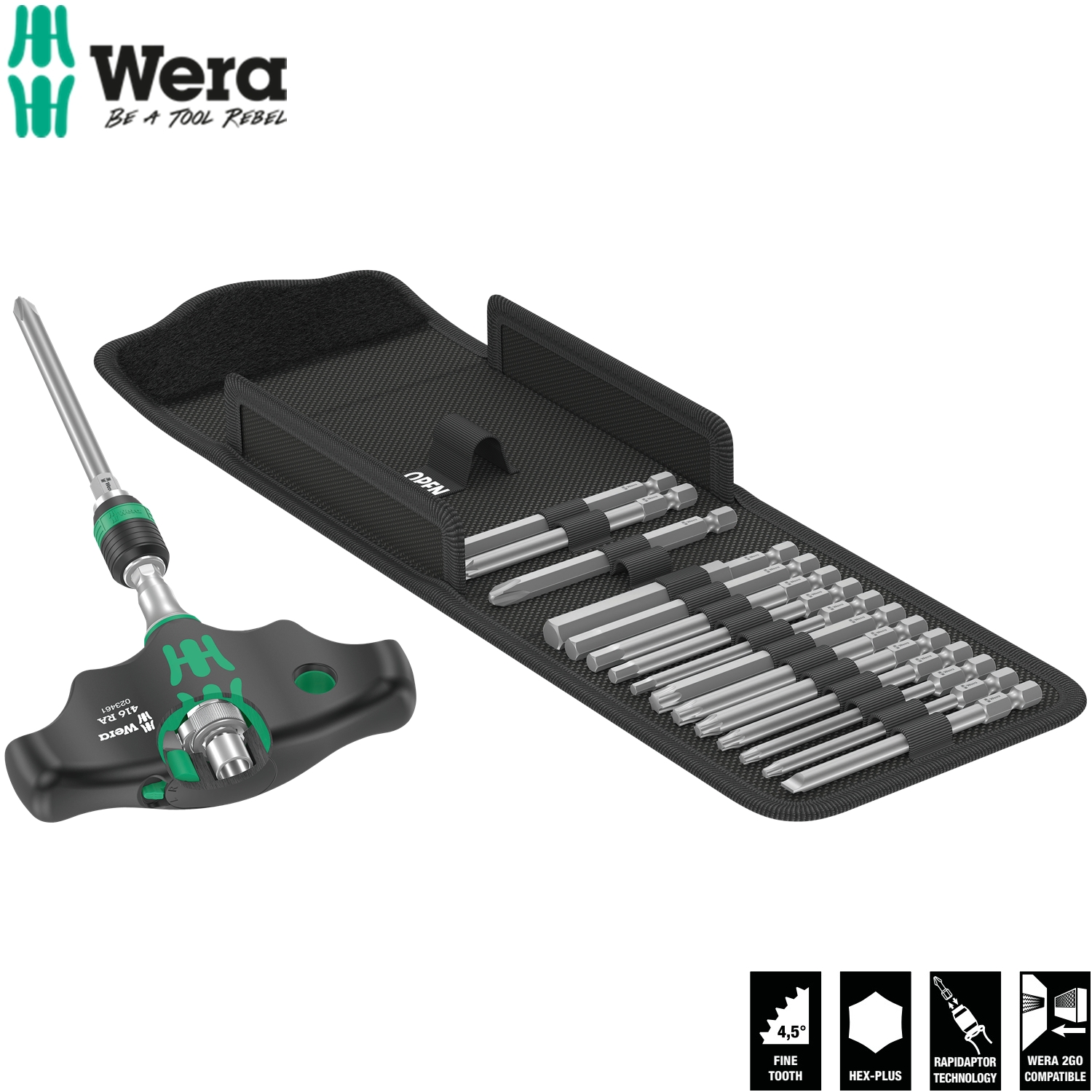 Bộ dụng cụ tay vặn T Wera 05023471001 Kraftform Kompakt 400 RA Set 1 với tay vặn vít tự động gồm 17 cái tháo lắp nhanh 1/4&quot;