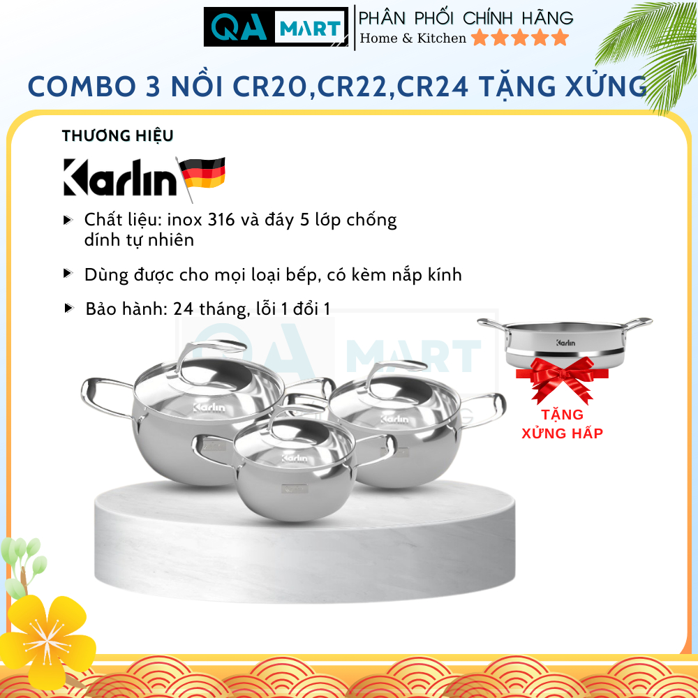 Bộ nồi karlin CR20_22_24 đáy dày 5 lớp tặng kèm xửng hấp cao cấp - Hàng chính hãng, bảo hành 24 tháng | QA Mart