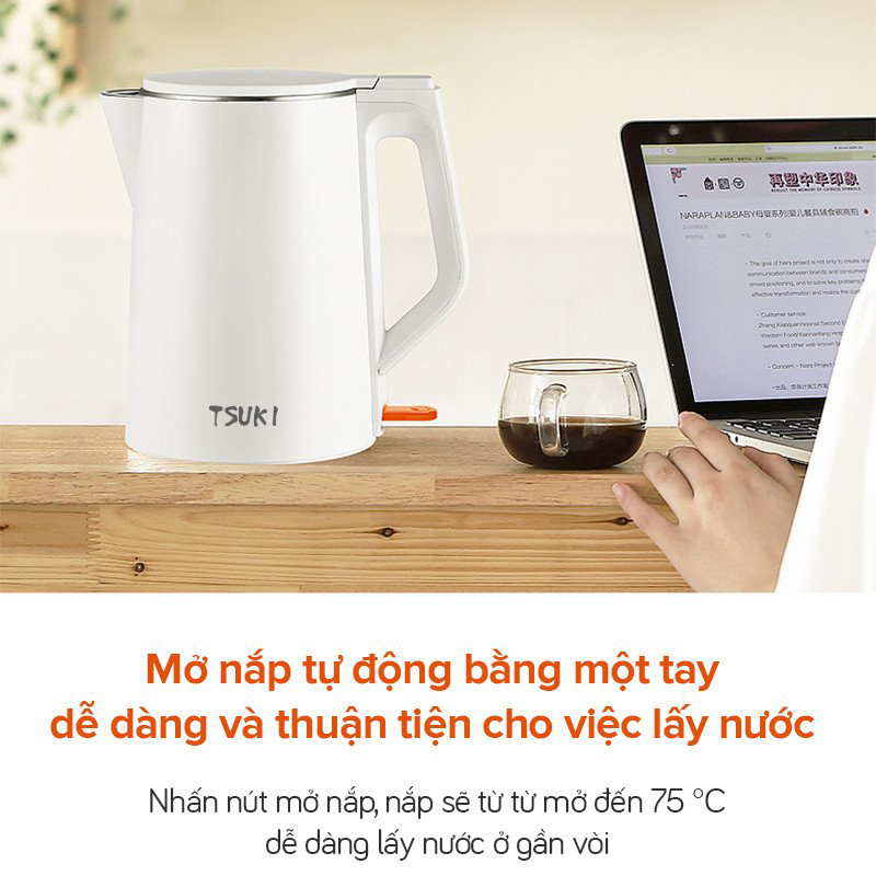 Ấm siêu tốc 2 lớp 1.5L Tsuki TS-DS01-W lòng ấm bằng inox 304 đúc nguyên khối, tự ngắt điện an toàn khi đun cạn nước - Hàng chính hãng