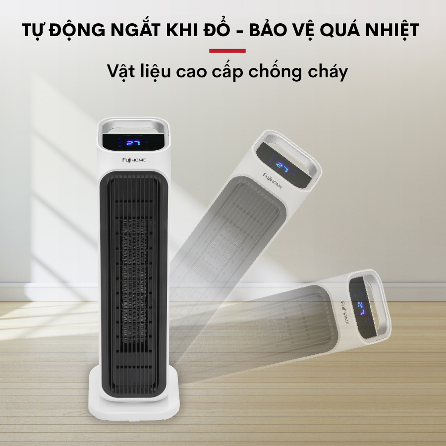 Máy sưởi gốm không khô da nhập khẩu điều khiển từ xa FUJIHOME FH3000M, Quạt sưởi gốm Ceramic tự ngắt tiết kiệm điện- Hàng chính hãng