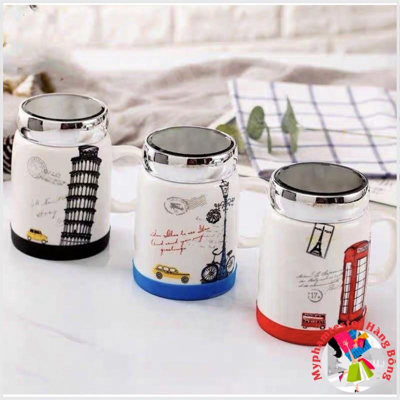 Cốc sứ uống nước hoạ tiết nắp gương kèm thìa inox 500ml