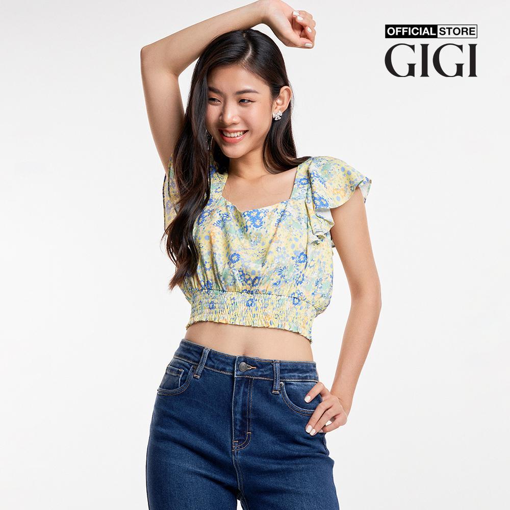 GIGI - Áo croptop nữ cổ vuông tay ngắn nhún bèo nữ tính G1201T231295