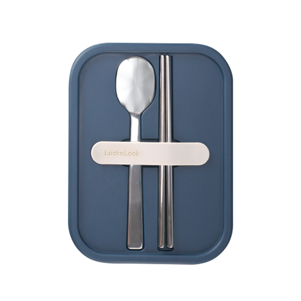 Hộp cơm thủy tinh Lock&amp;Lock chia ngăn kèm muỗng đũa 930ml màu xanh navy LLG991CLNVY - Hàng chính hãng, dùng được lò vi sóng - JoyMall