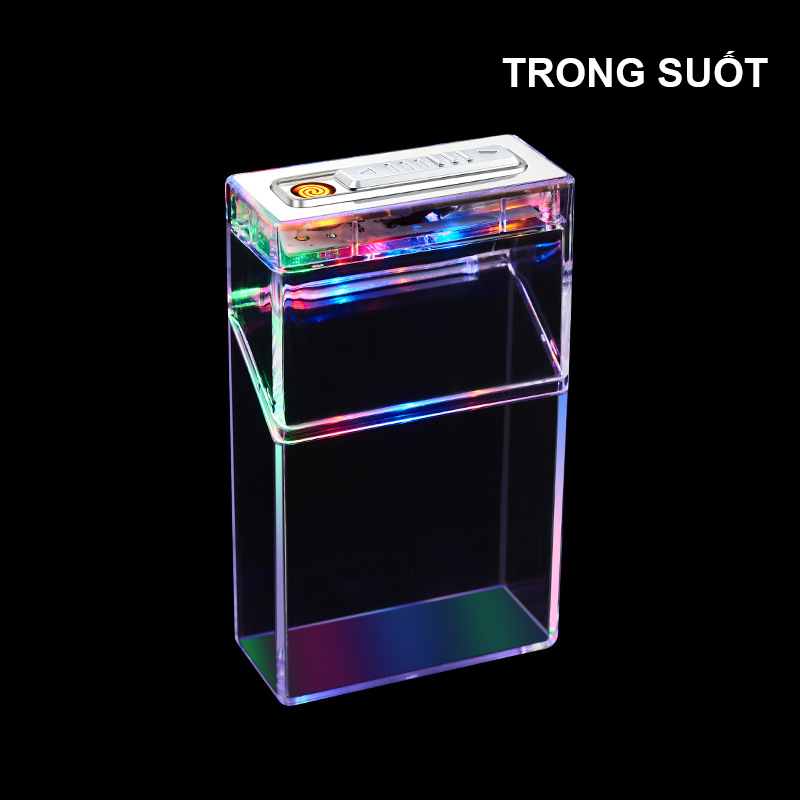 Bật Lửa Điện Kiêm Hộp Đựng Thuốc 20 Điếu Trong Suốt Nhiều Màu Có Đèn - Sạc Điện