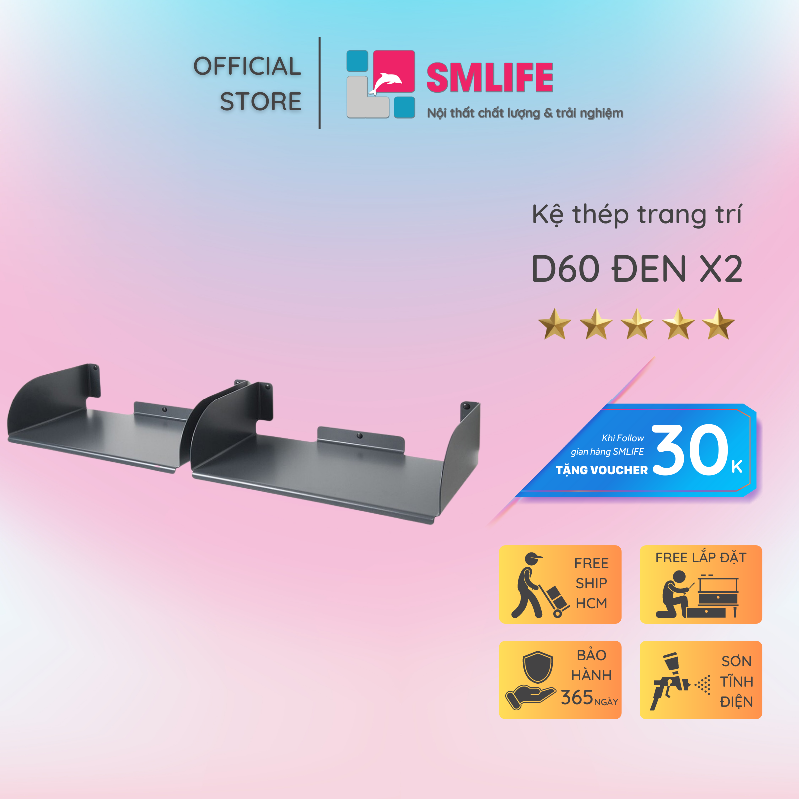 Kệ sách treo tường chữ D60 (set 2) - Trắng