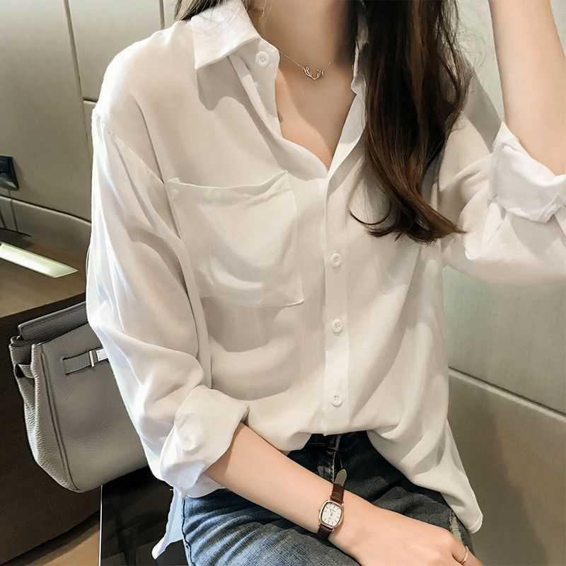 Áo Sơ Mi From Rộng MOLA Màu Trắng Dáng Dài 1 Túi Kiểu Hàn Quốc Vintage Ulzzang Tiểu Thư Bánh Bèo Chất Đũi