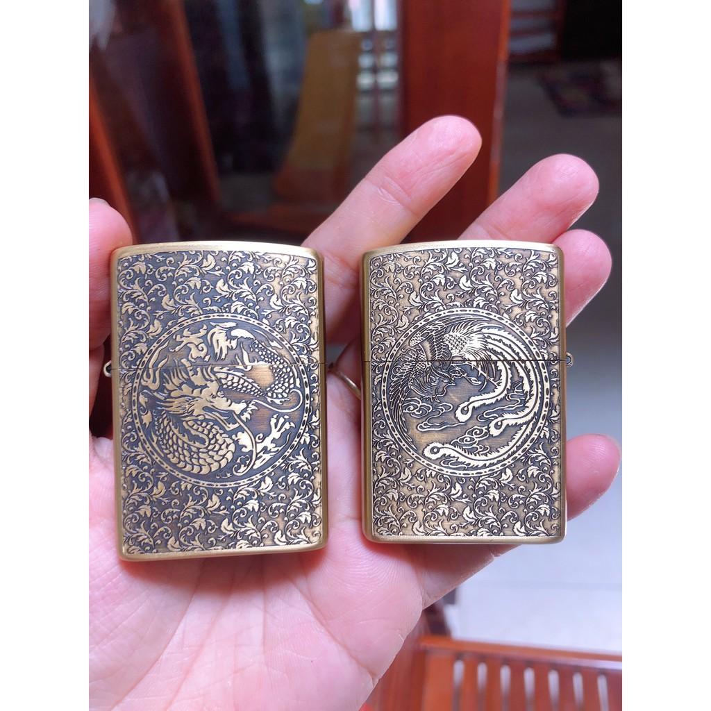 Bật lửa Ziippo Khắc Ăn Mòn Mẫu Rồng - Phụng, Ruột vàng, Vỏ đồng có tem đỏ