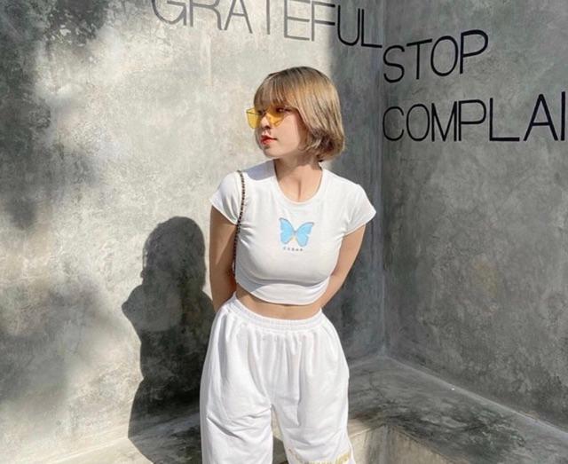 Áo thun lụa croptop in bướm trendy lắm nhé