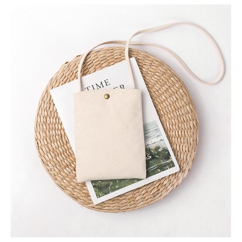 Túi tote vải đeo chéo canvas đựng điện thoại 2 lớp nút bấm