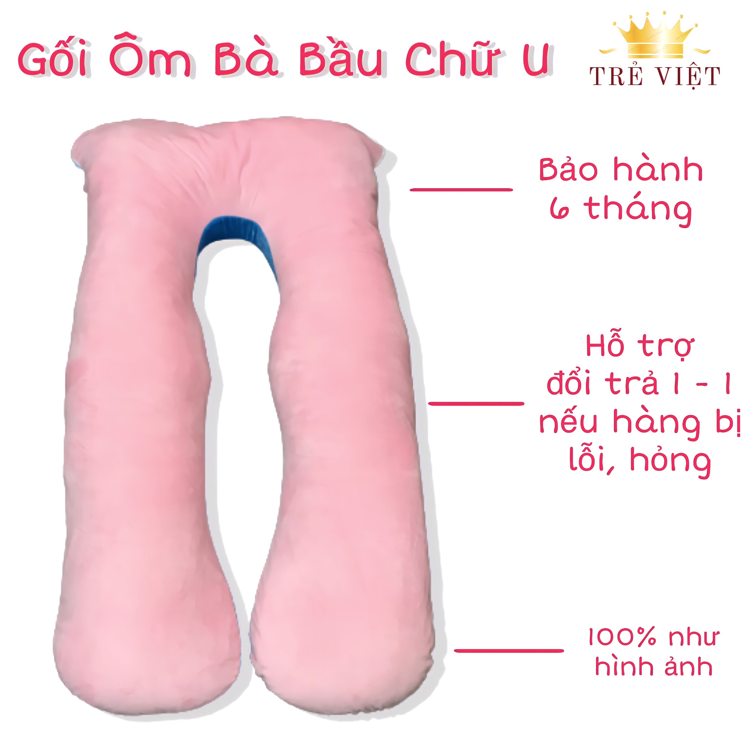 Gối ôm bà bầu, gối chữ U vải nhung cao cấp, lõi bông căng phồng êm ái, hỗ trợ nâng đỡ cơ thể, tránh tình trạng đau lưng.