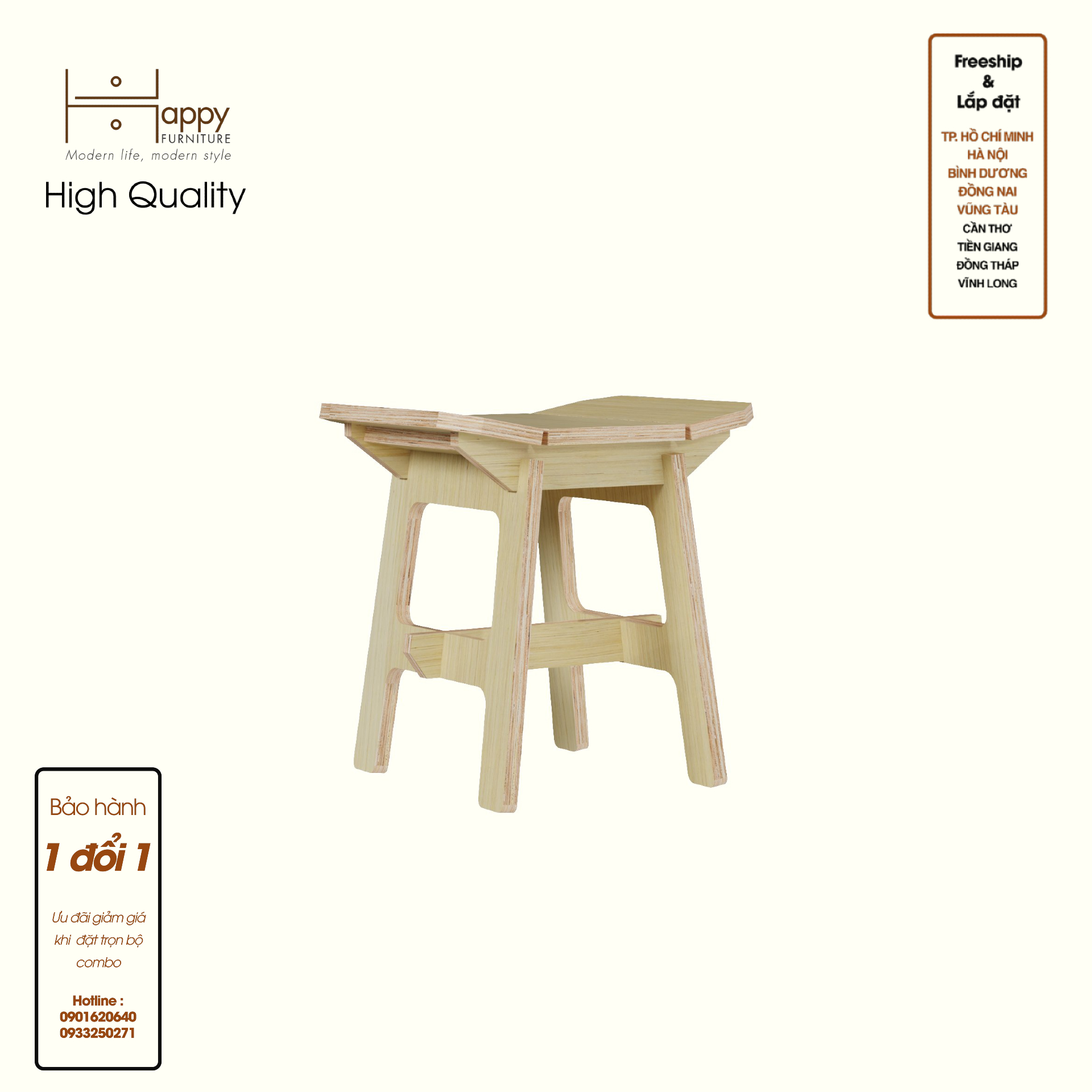 HAPPY FURNITURE , Gỗ tự nhiên , Ghế đẩu gỗ Plywood - AIDAN , GHE_008 , 40x35x43cm ( DxRxC)