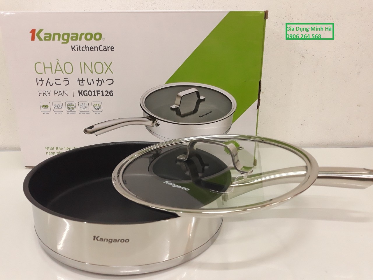 Chảo inox chống dính đáy từ nắp kính 26 cm Kangaroo KG01F126 hàng chính hãng