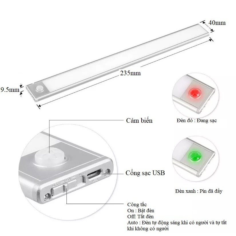 [Có sẵn] Bộ đèn LED cảm ứng gắn tủ, tủ quần áo, tủ chén, tự động sáng, tiện dụng tích hợp pin sạc, nhiều mẫu